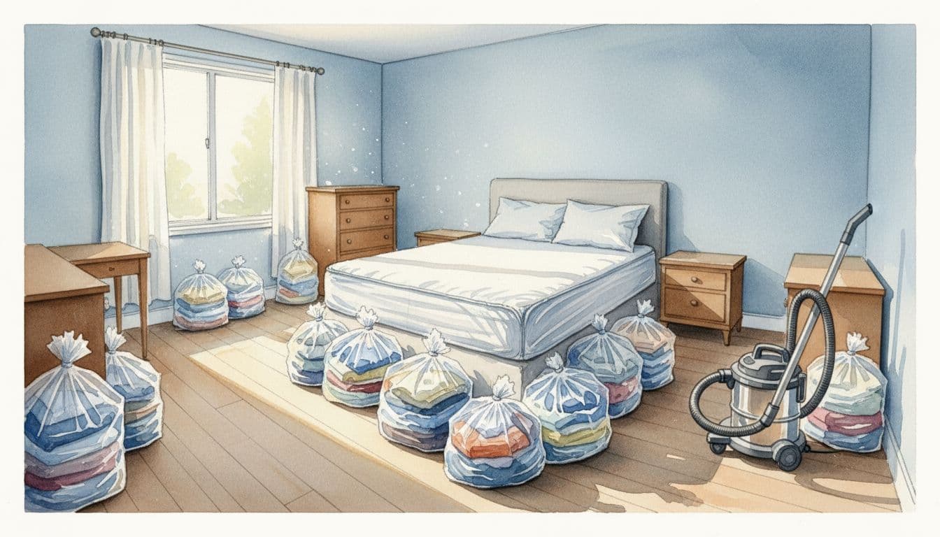 Watercolor-style bedroom fully prepared for bed bug treatment, with covered mattress, sealed bags of bedding and clothes on the floor, furniture pulled from walls, vacuum nearby, wide view of empty accessible space in bright daylight.