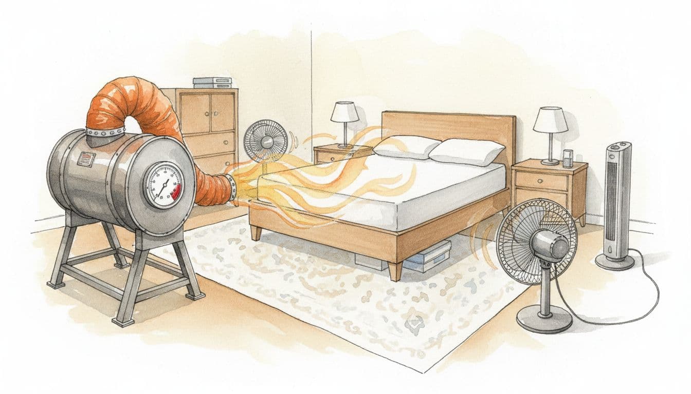 Watercolor-style depiction of professional heat treatment for bed bugs in a typical Quincy home bedroom, showing a portable heat blower directing hot air at the bed and box spring, temperature gauge over 120°F, and fans circulating air in an empty room with minimal furniture.