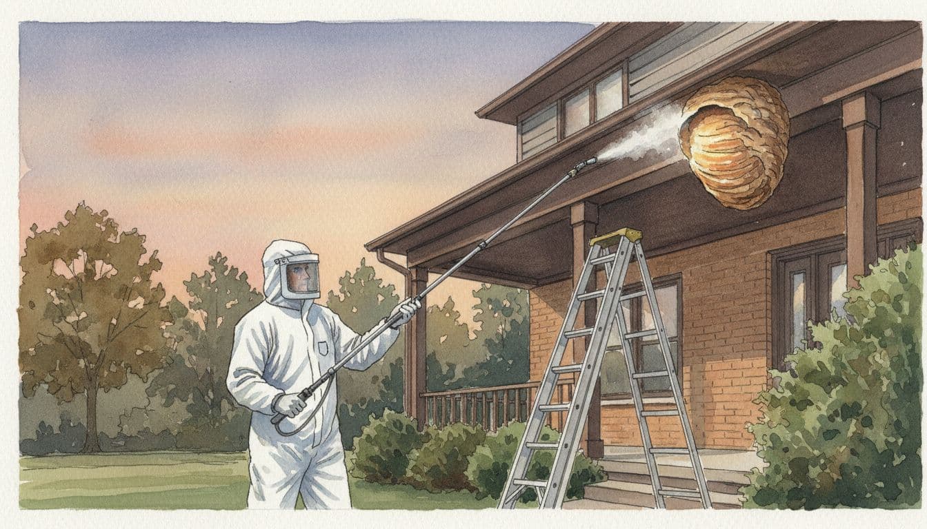 Licensed pest control technician in protective gear treats large bald-faced hornet nest under house soffit at evening dusk using extension pole from safe distance, watercolor style with soft earth tones.