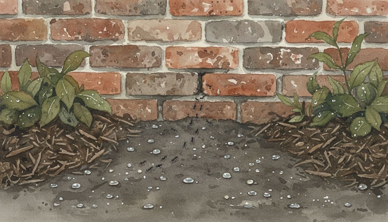 A line of small black ants marches from damp soil toward cracks in the foundation of an older brick home in Quincy, IL, during light rain with water droplets and overgrown mulch nearby.