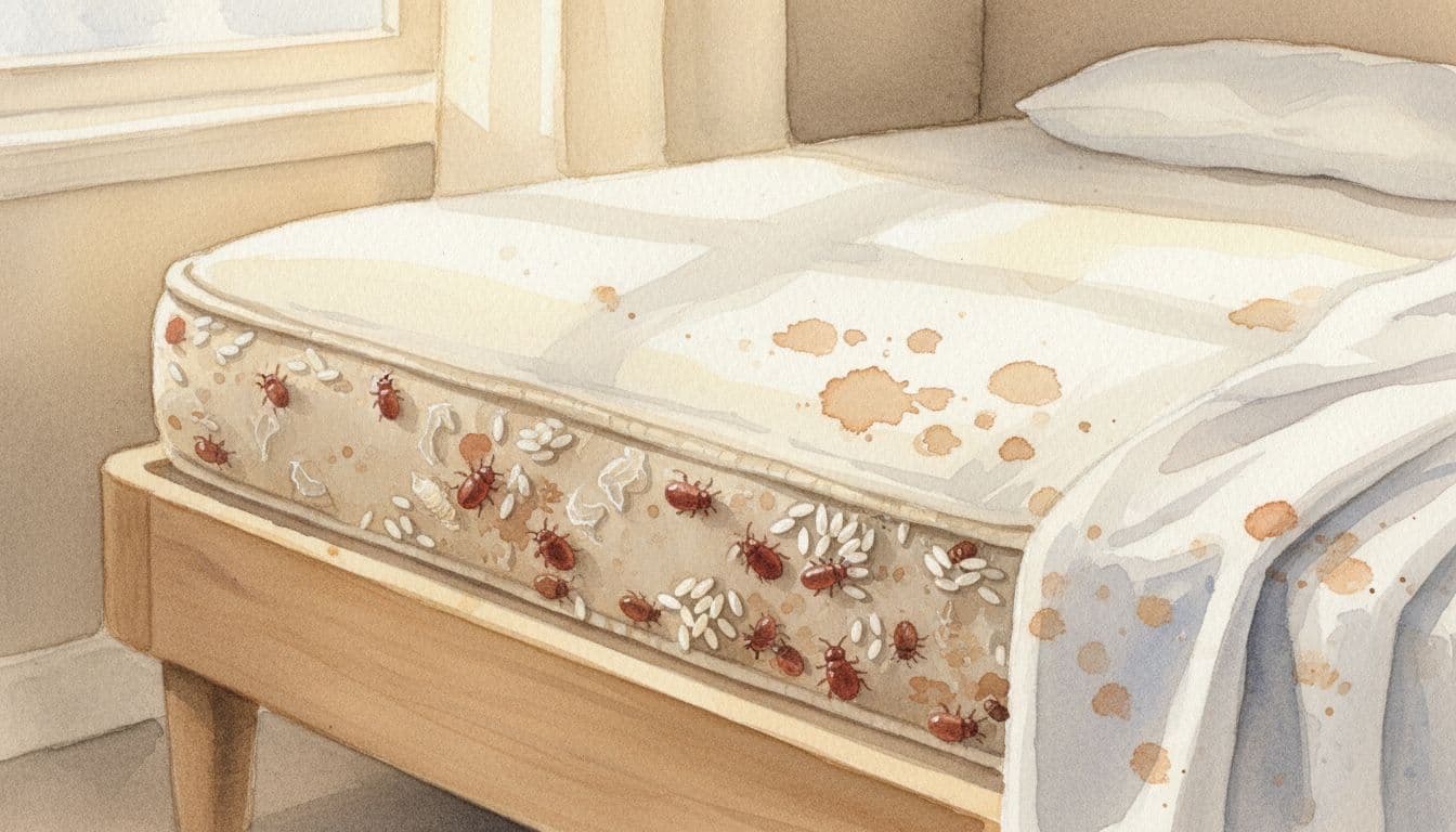 Close-up view of bed bug hiding spots on a mattress in a Quincy Illinois bedroom, featuring tiny reddish-brown adult bed bugs, nymphs, white eggs, shed skins, and rust-colored blood stains on seams and sheets.