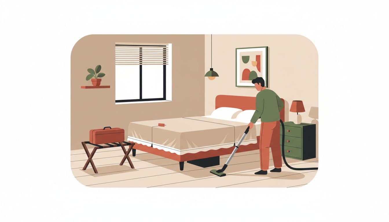 Modern illustration of a clean Quincy IL apartment bedroom for bed bug prevention, with mattress and box spring encasements, elevated luggage on rack, no clutter, and one person vacuuming under the bed from behind.
