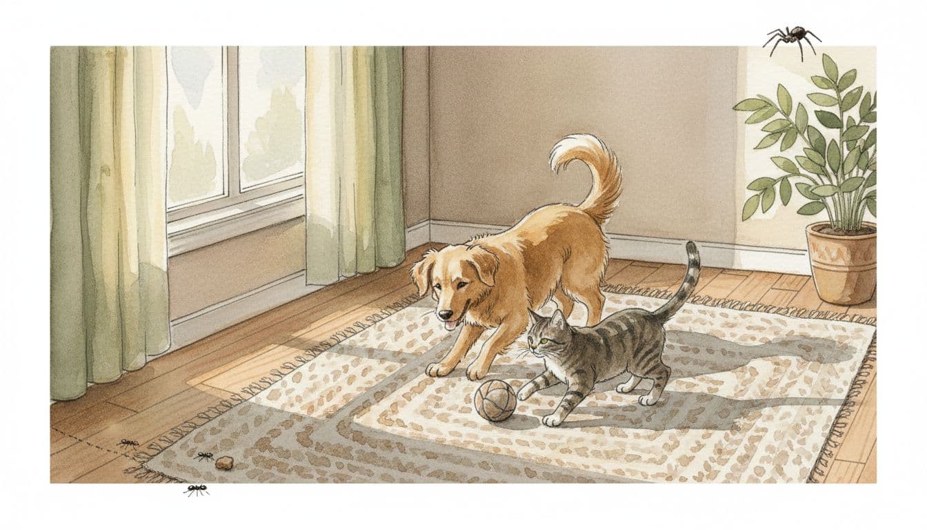 Watercolor illustration of a cozy Quincy, Illinois home interior featuring a dog and cat playing safely on the floor, with ants and a spider lurking in baseboard corners under soft natural light.