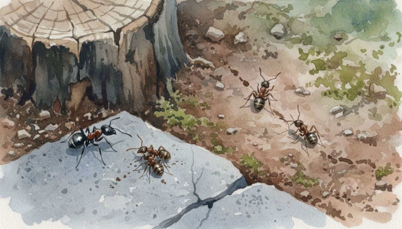 Watercolor style close-up of exactly six common yard ants in a Quincy Illinois suburban yard during spring, including pavement ants under cracks, odorous house ants on soil trails, and carpenter ants near damp wood.