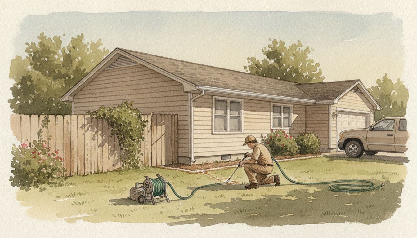 Pest control technician in uniform kneeling to apply liquid termite treatment around the foundation of a Quincy IL ranch-style home in a backyard with fence and equipment nearby, rendered in watercolor style with soft blending, visible brush texture, and muted earth tones.