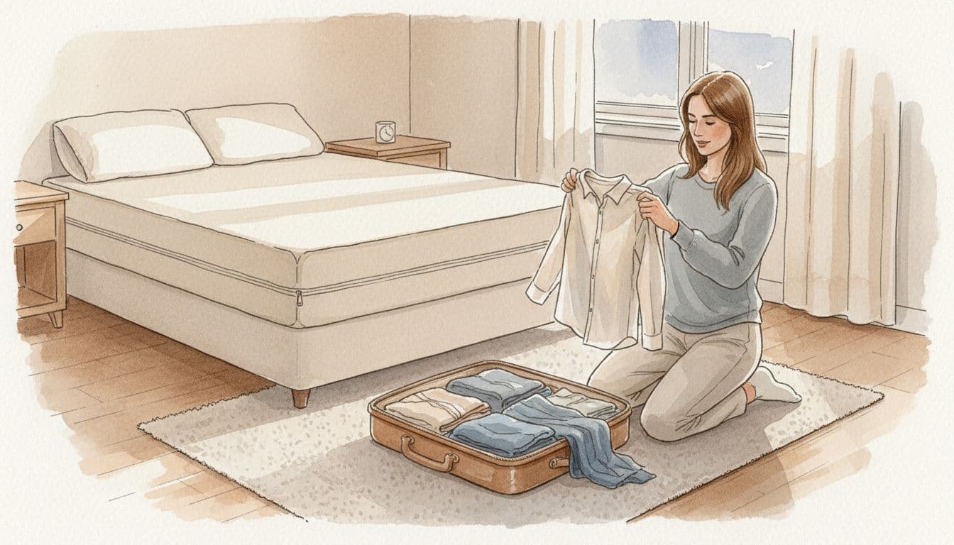 A relaxed homeowner in a cozy Quincy, Illinois bedroom inspects and shakes out clothes from an open suitcase on the floor to prevent bed bugs after travel, with a mattress encasement on the bed and clutter-free nightstand in the background.