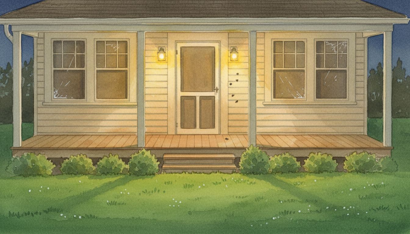 Watercolor style illustration of a suburban Quincy Illinois home porch at night, featuring softly glowing yellow bug lights, sealed screens on windows and doors, healthy green lawn, and minimal June bugs to demonstrate effective pest reduction.
