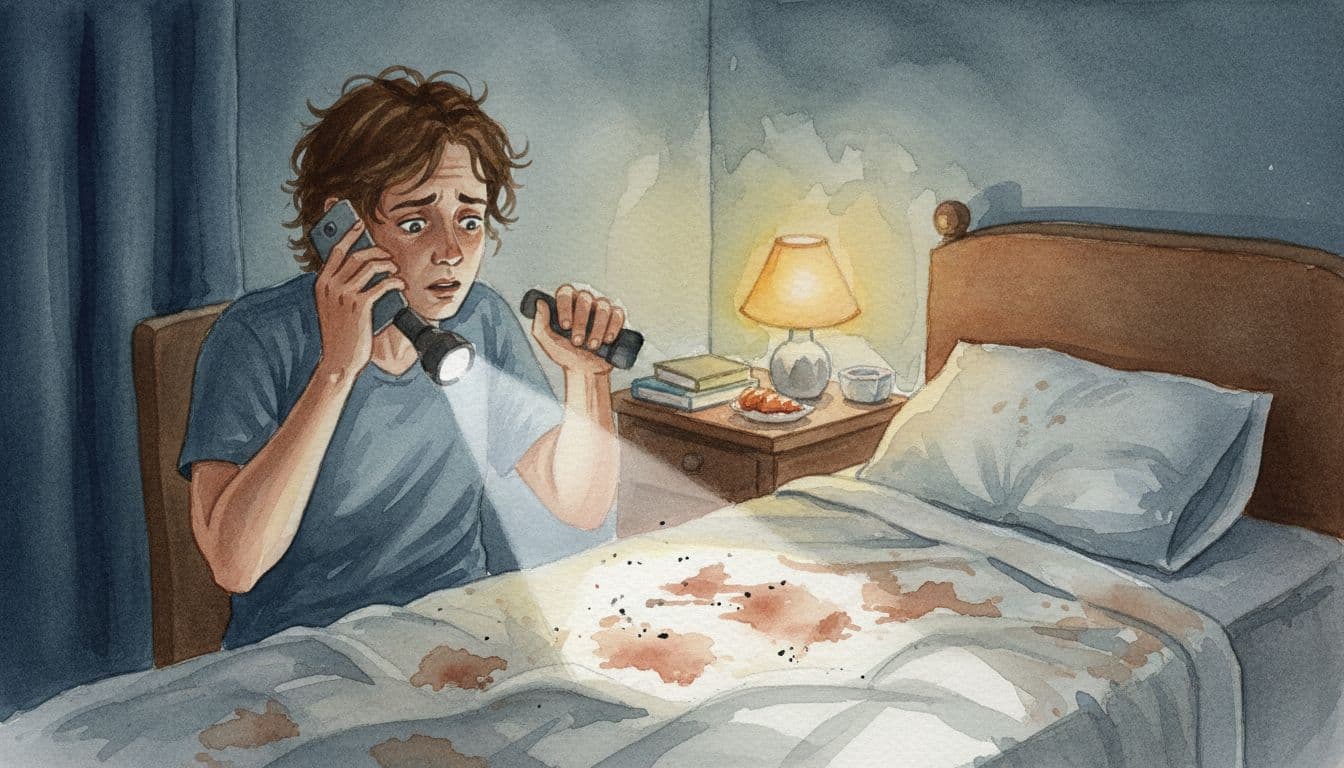 Watercolor painting of a concerned renter in a small apartment bedroom at night, shining a flashlight on bed sheets revealing rusty blood spots and black specks from bed bugs, holding a phone for emergency help.