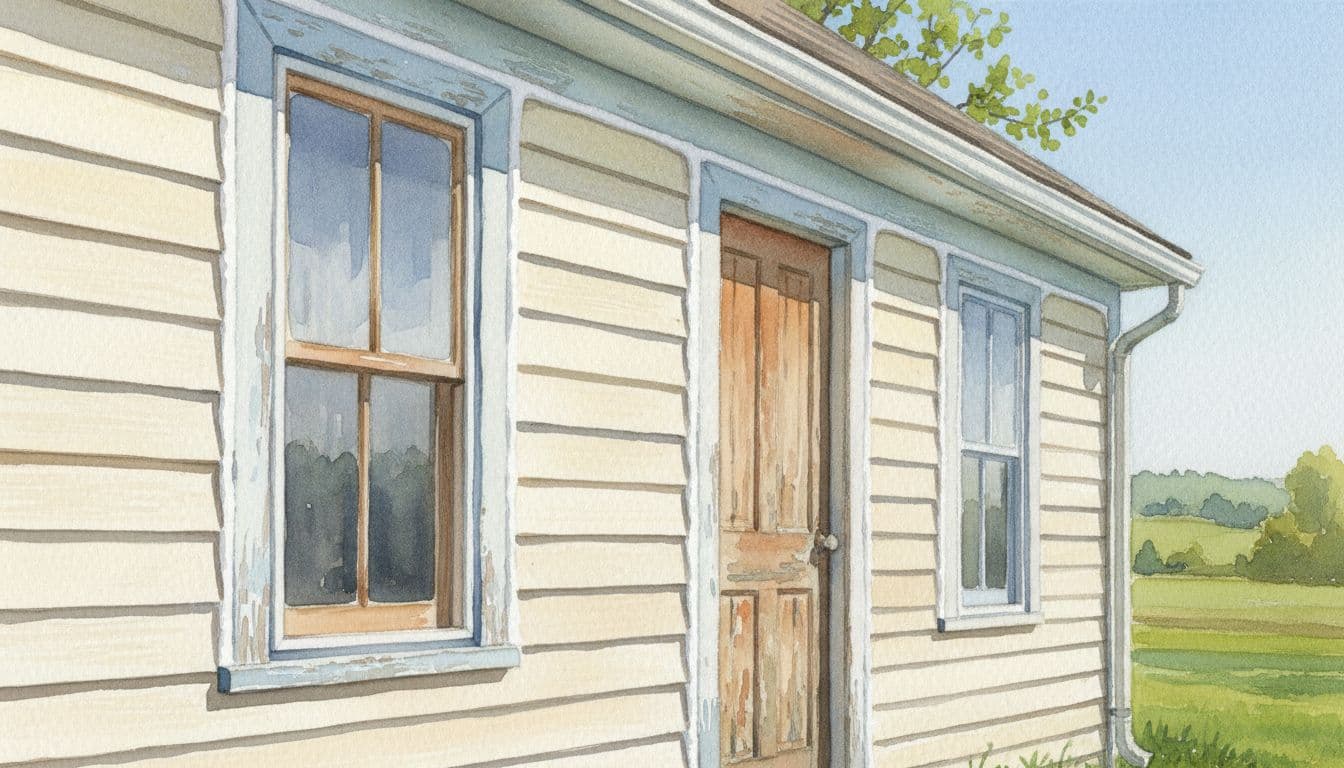 Close-up of a Western Illinois rural house exterior focusing on sealed cracks around windows, doors, and siding with fresh white caulk on a sunny spring day in subtle watercolor style.