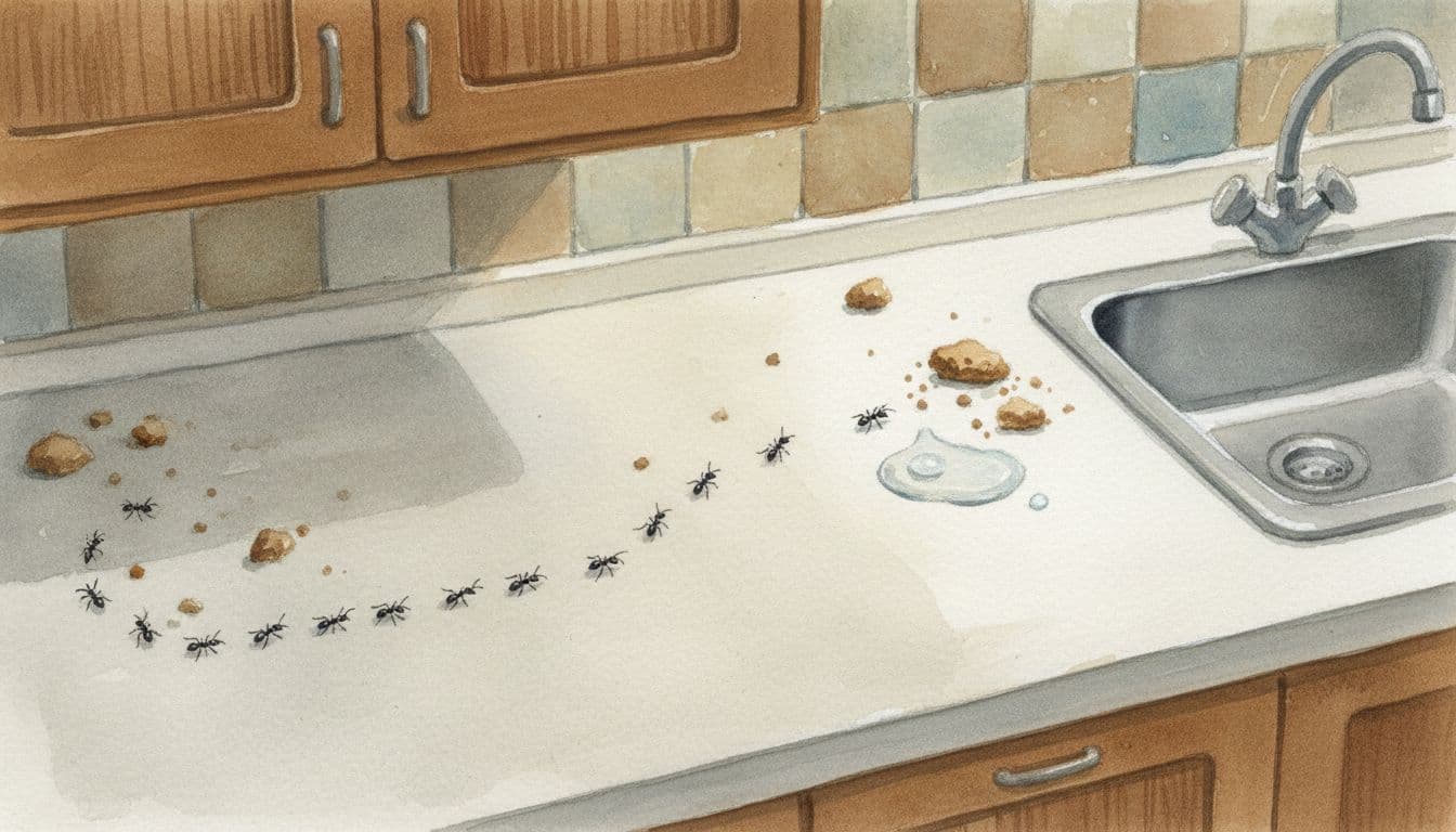Watercolor illustration of a single trail of 12 tiny dark sugar ants marching across a realistic kitchen counter near the sink, surrounded by scattered crumbs and a water drip, with wooden cabinets and tiled backsplash in soft focus.
