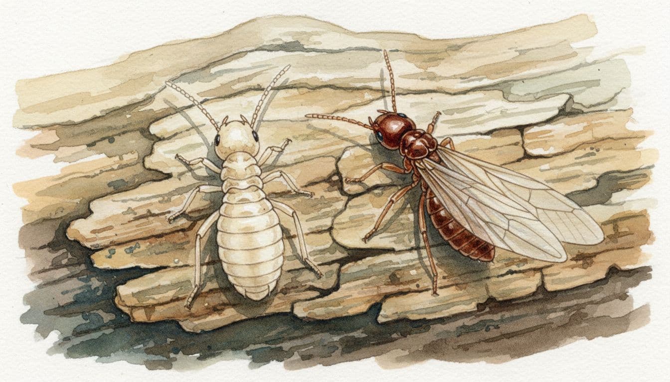 Close-up watercolor illustration of a subterranean termite worker and swarmer side by side on aged wood, highlighting straight antennae, thick waist, and equal wings.