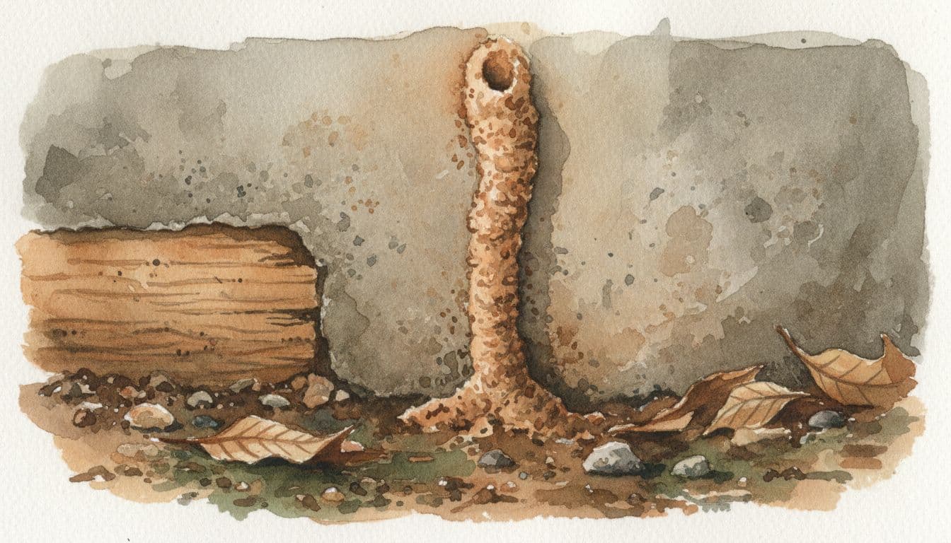 Watercolor close-up of a single mud tube on a concrete foundation wall near soil in a backyard, with subtle wood damage, soft natural light and warm earth tones.