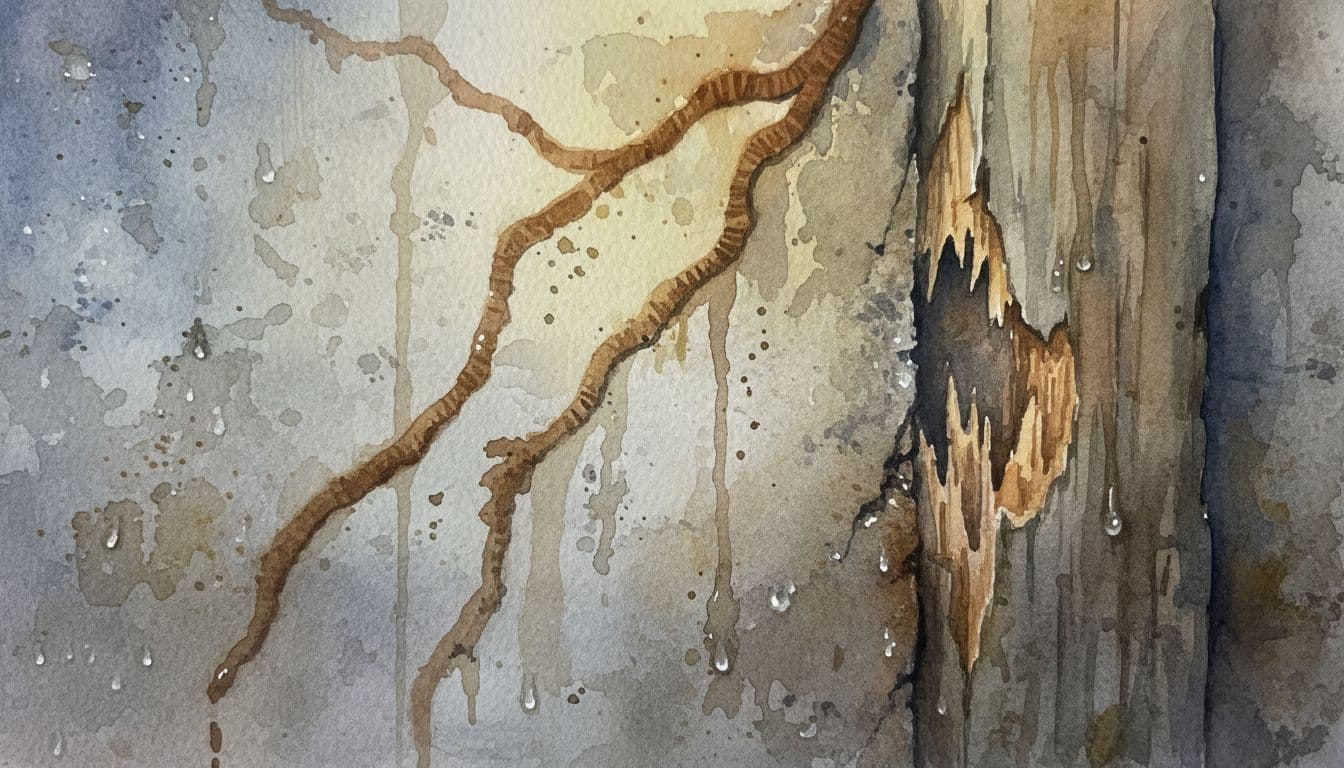 Watercolor painting of mud tubes snaking along a concrete basement foundation with nearby splintered wood damage, in dim lighting and a moist atmosphere using soft brush strokes and blended earth colors.