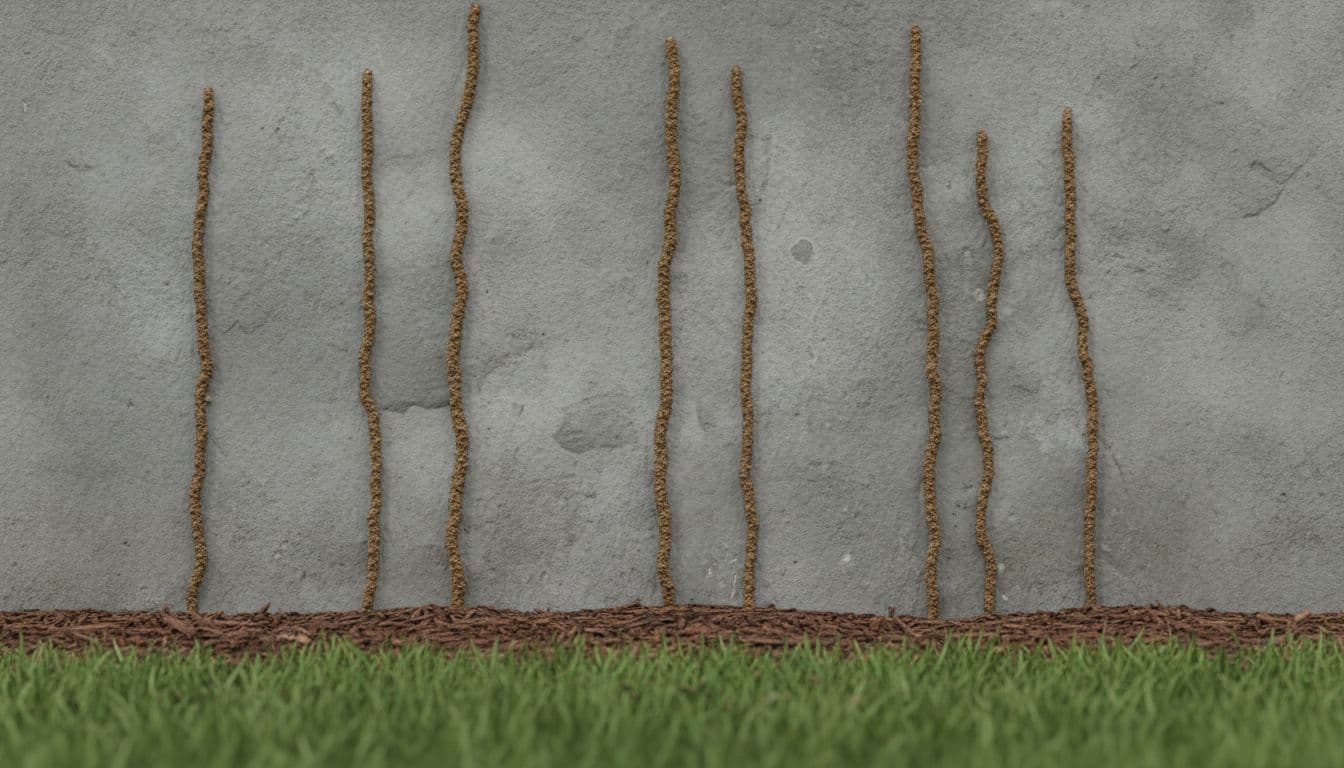 Pencil-thin mud tubes of soil run vertically along a gray concrete foundation wall of a suburban home, close-up backyard view near grass and mulch in modern illustration style.