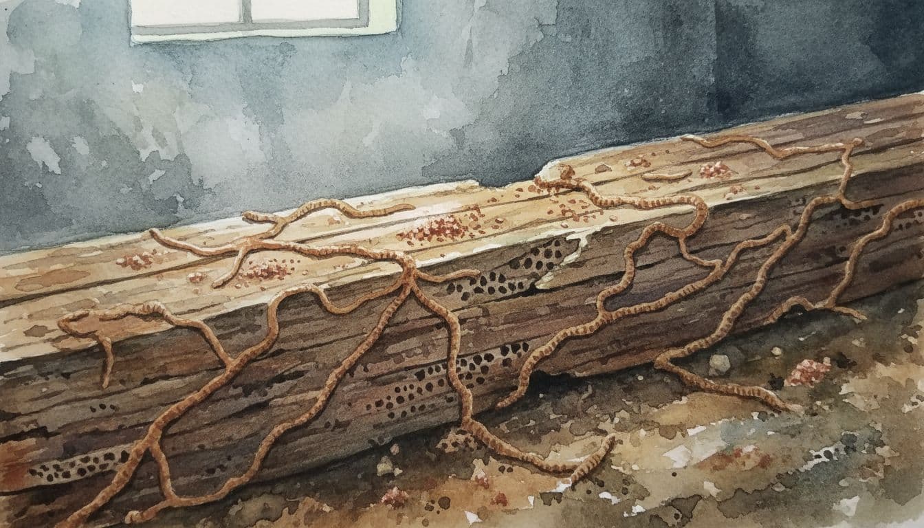 Detailed close-up of wooden house foundation in a dimly lit basement showing termite mud tubes, frass piles, and damaged timber, in watercolor style with high detail on textures.