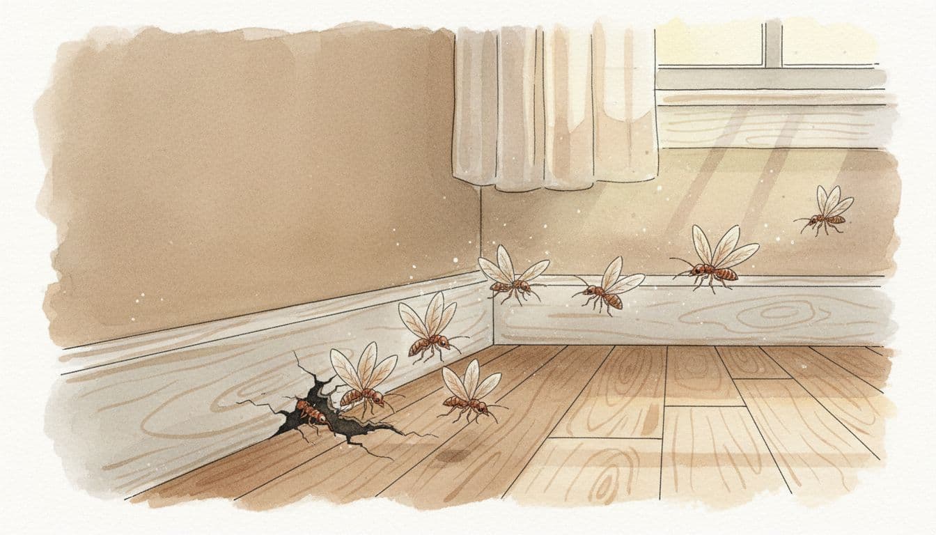 Watercolor illustration of termite swarmers emerging from a crack in a wooden baseboard in a Quincy IL home living room, with a few flying near the window sill in soft morning light.