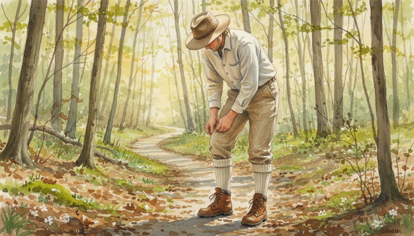 A person in light-colored long-sleeve shirt tucked into pants, high socks, and sturdy boots for tick protection stands relaxed on a spring woodland trail in west central Illinois, checking lower legs with hands amid trees and leaf litter. Watercolor style features soft blending, visible brush texture, and warm spring sunlight.