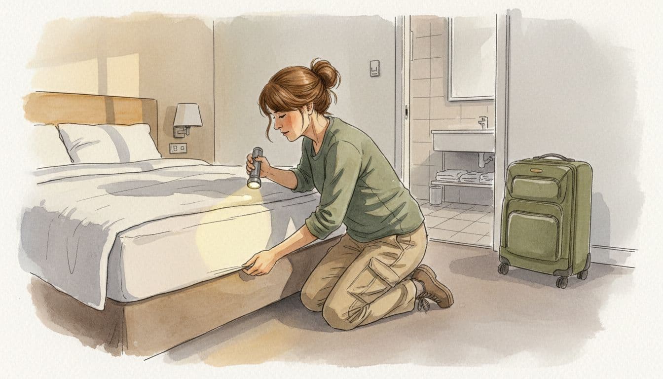 Solo traveler kneeling beside a hotel bed, shining a flashlight on the mattress seams and underside to check for bed bugs, with open suitcase safely in the bathroom. Watercolor style with soft blending, muted earth tones, and neutral background.