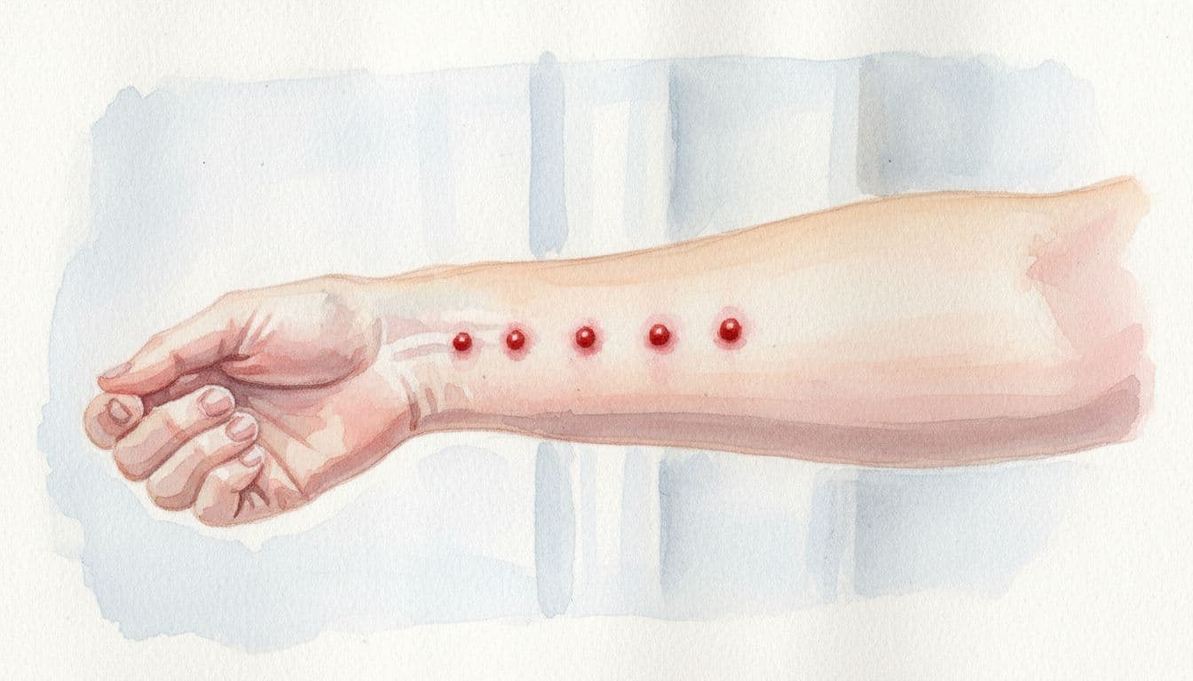 Close-up watercolor illustration of pale human forearm skin with 3-5 small red raised welts aligned in a straight line, exemplifying the classic bed bug bite pattern, under soft natural indoor lighting with visible brush texture.