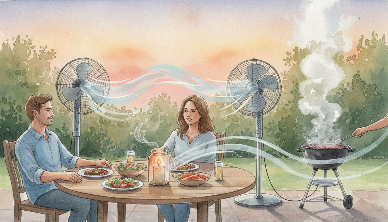 Watercolor-style backyard patio during an evening BBQ, showing two relaxed people at a table with food, pedestal fans directing airflow to repel mosquitoes, a smoking grill, citronella candle, and warm sunset lighting.
