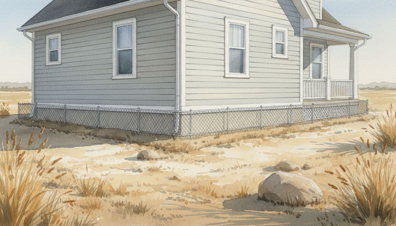 A clean Illinois home exterior in watercolor style featuring metal mesh barriers around the foundation for termite prevention, on a sunny day with dry landscape and visible brush texture.