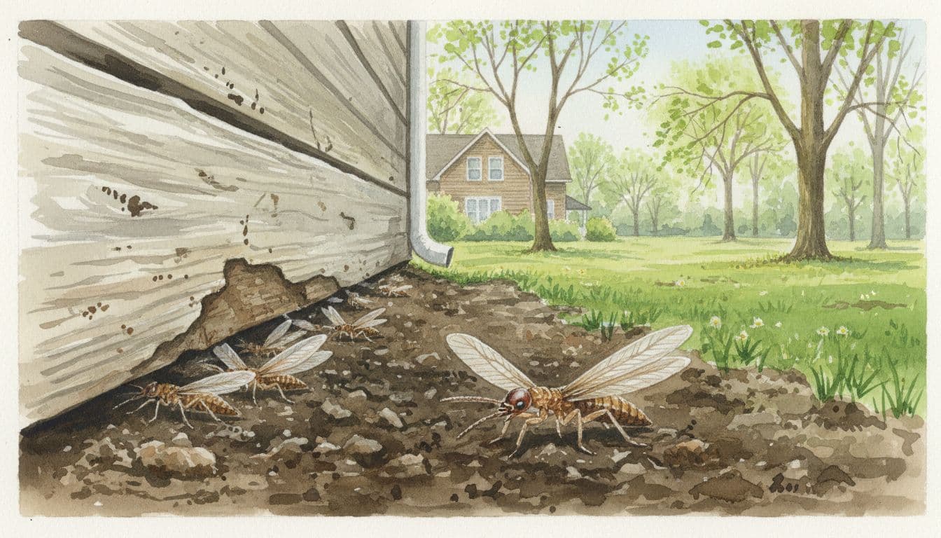 Watercolor style closeup of subterranean termites swarming from soil near a wooden house foundation in a damp spring Illinois yard, with green grass, budding trees, and one focused winged termite in the foreground under soft natural daylight.