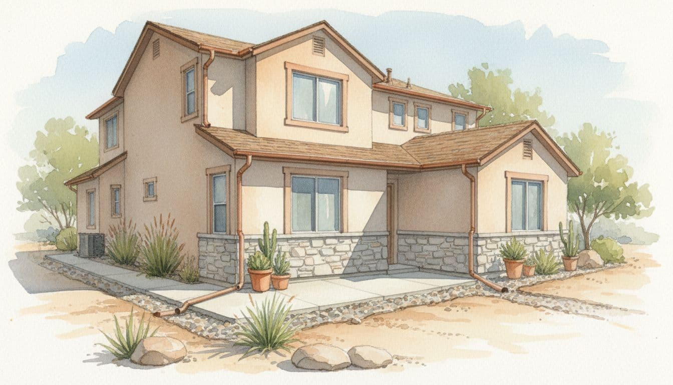 Watercolor-style illustration of a home exterior featuring preventive measures against termites: foundation clear of soil, gutters directing water away, no mulch against walls, and dry landscape under sunny daylight with soft textures and warm palette.