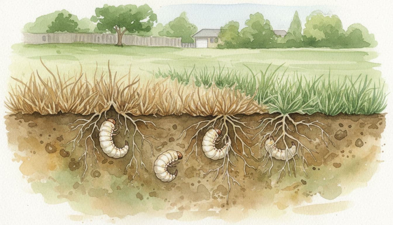 Cross-section of moist lawn soil showing C-shaped white grubs feeding on grass roots, with damaged turf exhibiting brown patches that lift easily above ground, contrasted by healthy roots in a suburban yard setting.