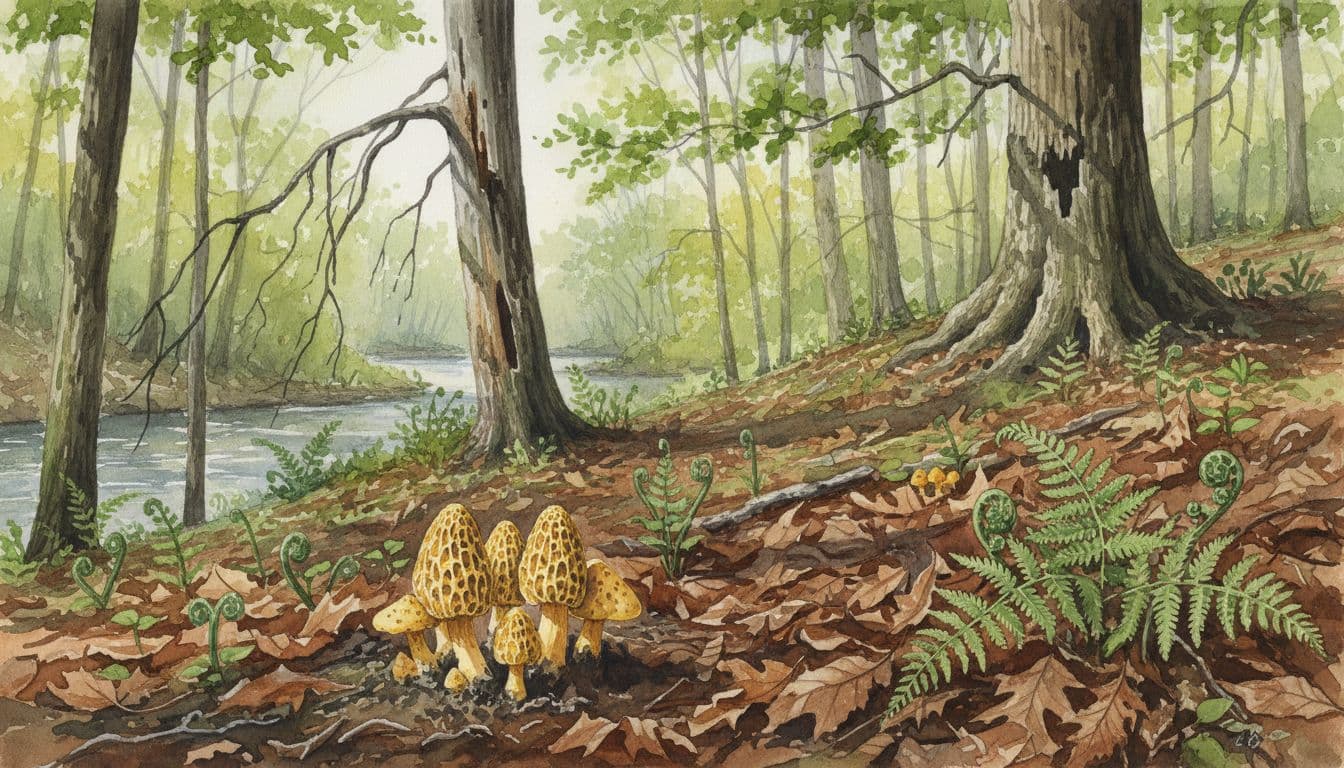 Cluster of yellow morel mushrooms growing from damp soil near base of dead elm tree and sycamore in spring woodland bottom near river in west central Illinois, with leaf litter, green ferns, dappled sunlight on south-facing slope, watercolor style.